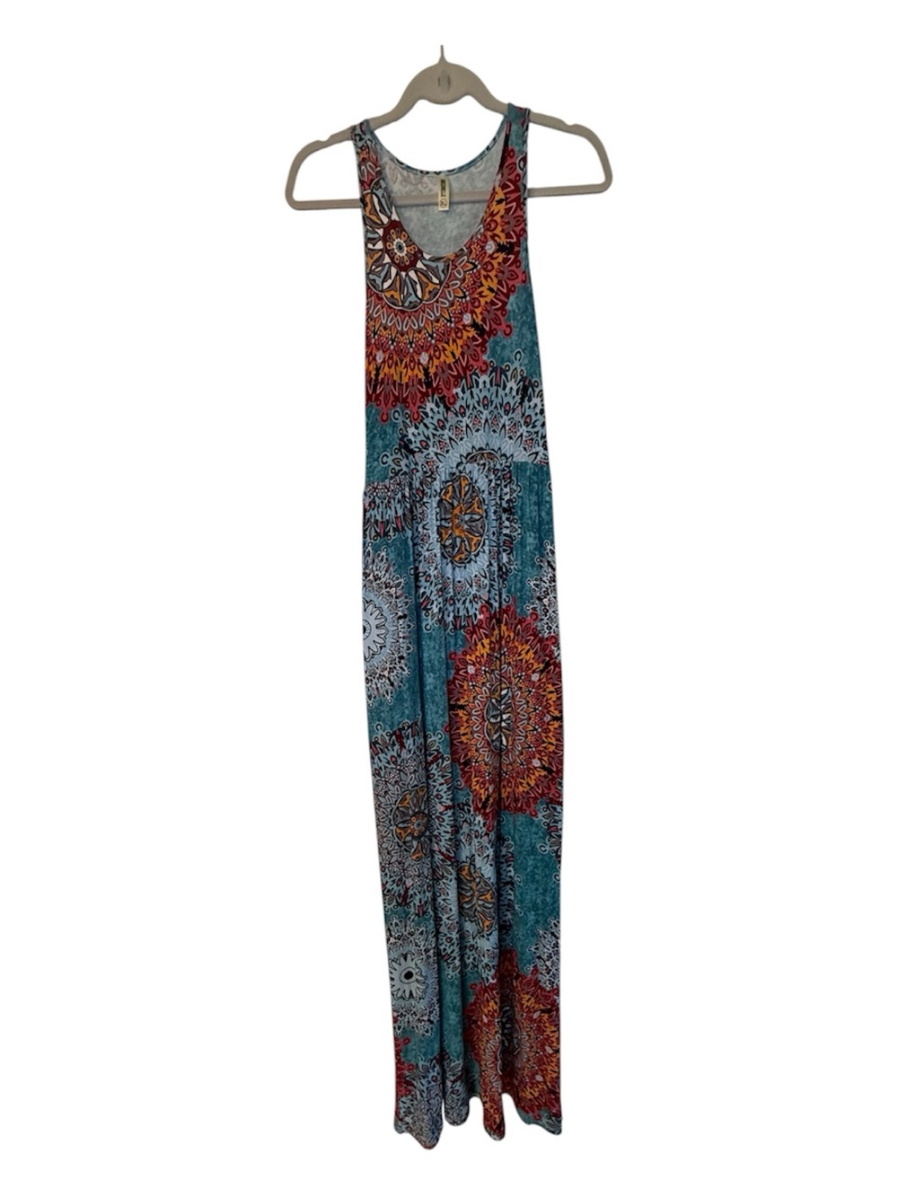 Sleeveless Boho Maxi Dress in Teal with Red Medallion Print